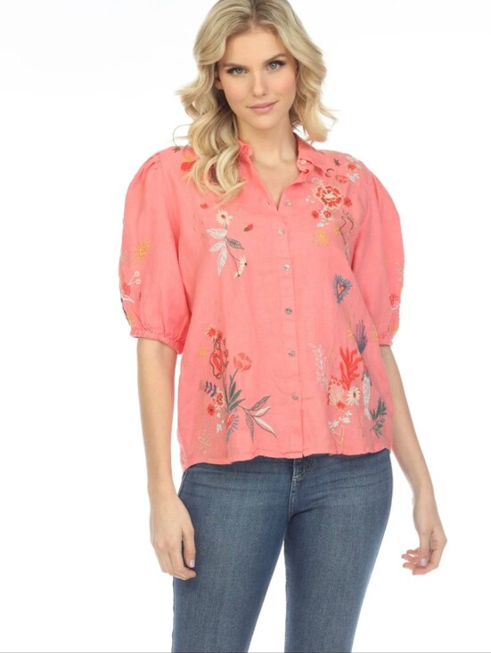Johnny Was Tops - Johnny Was Ruth Lisbon Embroidered Linen Blouse Coral Pink Button Top Size M